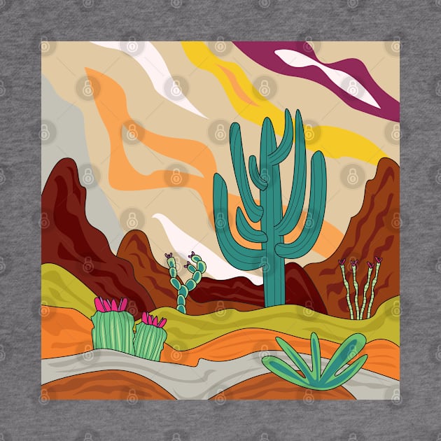 Desert climate, retro style, abstract cactus , sun, sand and mountains , Arizona by WorldOfMine